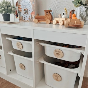 Etichette di stoccaggio giocattolo/etichette di stoccaggio in legno/etichette di stoccaggio/arredamento vivaio/arredamento sala giochi/etichette rotonde/etichette per vasche ikea
