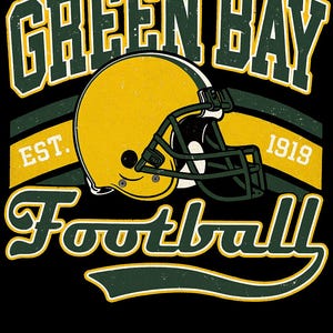 May include: A vintage-style graphic on a black background features a yellow football helmet and the words "GREEN BAY Football" in green and white. The text "EST. 1919" is also included.
