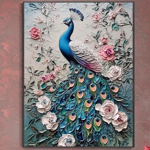 3 Colorful Peacock Texture Wall Art Vibrant Canvas Animal Painting Large Size Contemporary Bird Canvas Wall Art Modern Living Room Decor