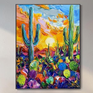 3D Abstract Cactus Flower Painting Large Wall Art Colorful Desert Canvas Modern Impressionist Art Floral Decor Hand-Painted Oil Painting