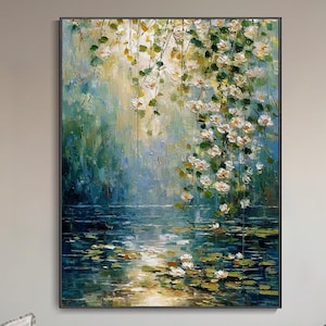 óleo original sobre lienzo bosque verde gran mural floral texturizado pintura abstracta de río personalizable mural vegetal regalo moderno