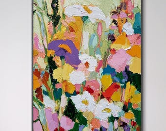Hand Canvas Oil Painting Abstract Wildflower Impasto Wall Art Colorful Textured Floral Artwork Large Vertical Decor Original Flower Painting