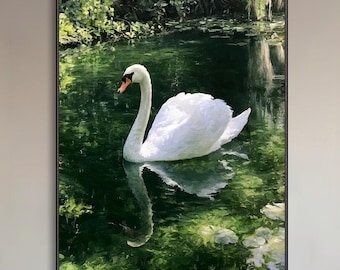 Pond White Geese Canvas Wall Art Abstract Hand Nature Style Oil Painting Water Lilies Swan Reflection Retro Wildlife Decor For Living Room