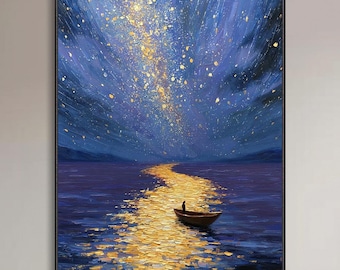 Starry Night Ocean Hand Canvas Wall Art Abstract Textured Seascape Painting Golden Stars Reflected On Water Under Starry Sky