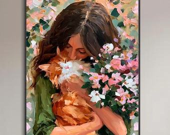 Abstract Hand Woman Hugging Cat Home Decor Oil Painting Bright Textured Flowers Custom Wall Art Vertical Piece For Living Room Gift For