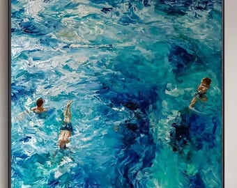 Modern Impasto Style Swimmers Ocean Canvas Oil Painting Crowd Swimming In Blue Sea Wall Art For Coastal Living Room Large Square Seascape