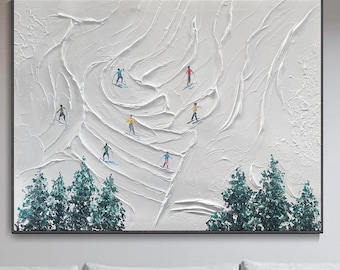 Abstract Skiing Canvas Oil Painting Minimalist Wabi-Sabi Style Ski Resort Decor Snow House Winter Art Hand Thick Texture Abstract Art Home