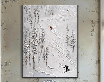 3D Ski Canvas Painting Original Hand Skier Gift Winter Decor Frame Art White Snow Cedar Bedroom Wall Texture Knife Modern Simple Scenery