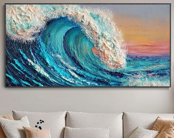 Hand Thick Texture Ocean Wave Oil Painting Original Seascape Sunset Canvas Art Modern Minimalist 3D Wave Wall Art Large Horizontal Coastal