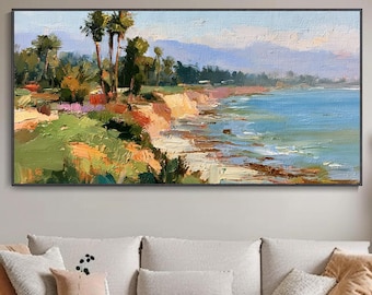Abstract Landscape Hand California Coast Oil Painting Original Palm Tree Cliff Seascape Canvas Art Modern Beach Wall Decor Custom Horizontal