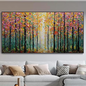 Horizontal 3D Texture Forest Natural Wall Art Large Original Abstract Canvas Painting Panoramic Colorful Forest Scene Tree Home Decor Art