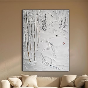 pintura al óleo en lienzo de esquí en 3D blanca decoración de invierno personalizada arte de esquí decoración de pino blanco arte moderno
