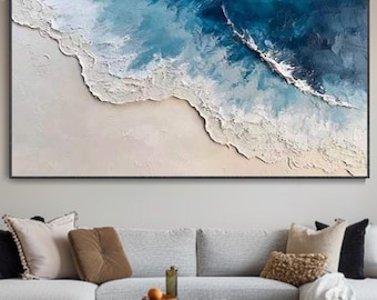 Original Hand Abstract Blue Ocean Wave Canvas Texture Oil Painting Modern Coastal Wall Art Living Room Decor Minimalist Nature Landscape Art