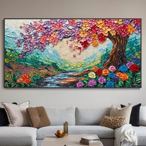 Large 3D Texture Tree Mural Canvas Oil Painting Vibrant Flower Tower Tree Modern Abstract Floral Art Unique Living Room Decor Spring
