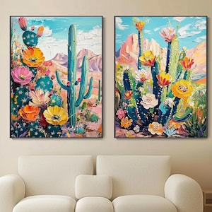 Abstract Cactus Flower Painting Colorful Desert Canvas Modern Impressionist Art Floral Decor Living Room Art Textured Relief Style Art