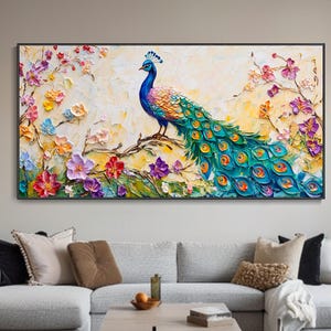 Colorful Peacock Texture Wall Art Vibrant Canvas Animal Painting Colorful Floral Large Contemporary Bird Canvas Wall Art Modern Living Room