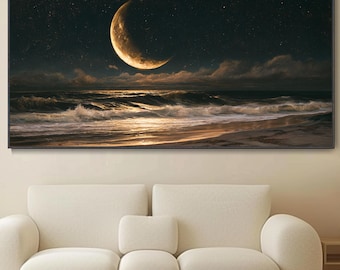 Hand Crescent Moon Seascape Oil Painting Abstract Textured Horizontal Night Ocean Canvas Art Starry Beach Wave Landscape Minimalist Living