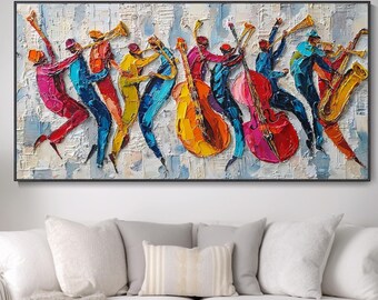 Original Hand Canvas Texture Colorful Jazz Band Oil Painting Abstract Musician Thick Art Large Horizontal Wall Decor Gift For Music Lover