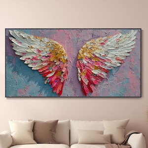 Óleo 3D alas de ángel pintura gruesa con espátula arte moderno para salón lienzo original tonos rosados y blancos regalo para ella