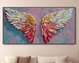 3D anioł skrzydła obraz olejny duży nóż malarski thick paint nowoczesny dekoracja salonu oryginalna sztuka ścienna różowy biały marzycielski