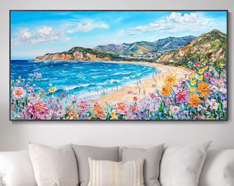 Canvas Beach Painting 3D Texture Mural Blue Seascape Art Coastal Floral Art Nature Inspired Art Living Room Decor Summer Home Decor