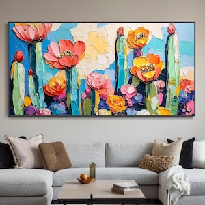 Abstract Cactus Painting Colorful Desert Canvas Modern Impressionist Art Floral Decor Painting Thick Texture Knife Art Living Room Decor