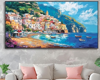 Mediterranean Blue Seascape Oil Painting Thick Texture Knife Art Wall Decor Coastal Crowds Summer Ambiance Coastal Art Enhance Home