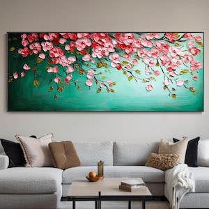Horizontal 3D Texture Floral Wall Art Large Panoramic Wildflower Field Canvas Mural Living Room Artwork Abstract Pink Canvas Painting Gift