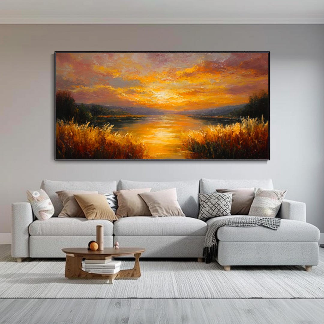Reed Landscape Oil Painting Autumn River Sunset Hills Abstract Rustic ...