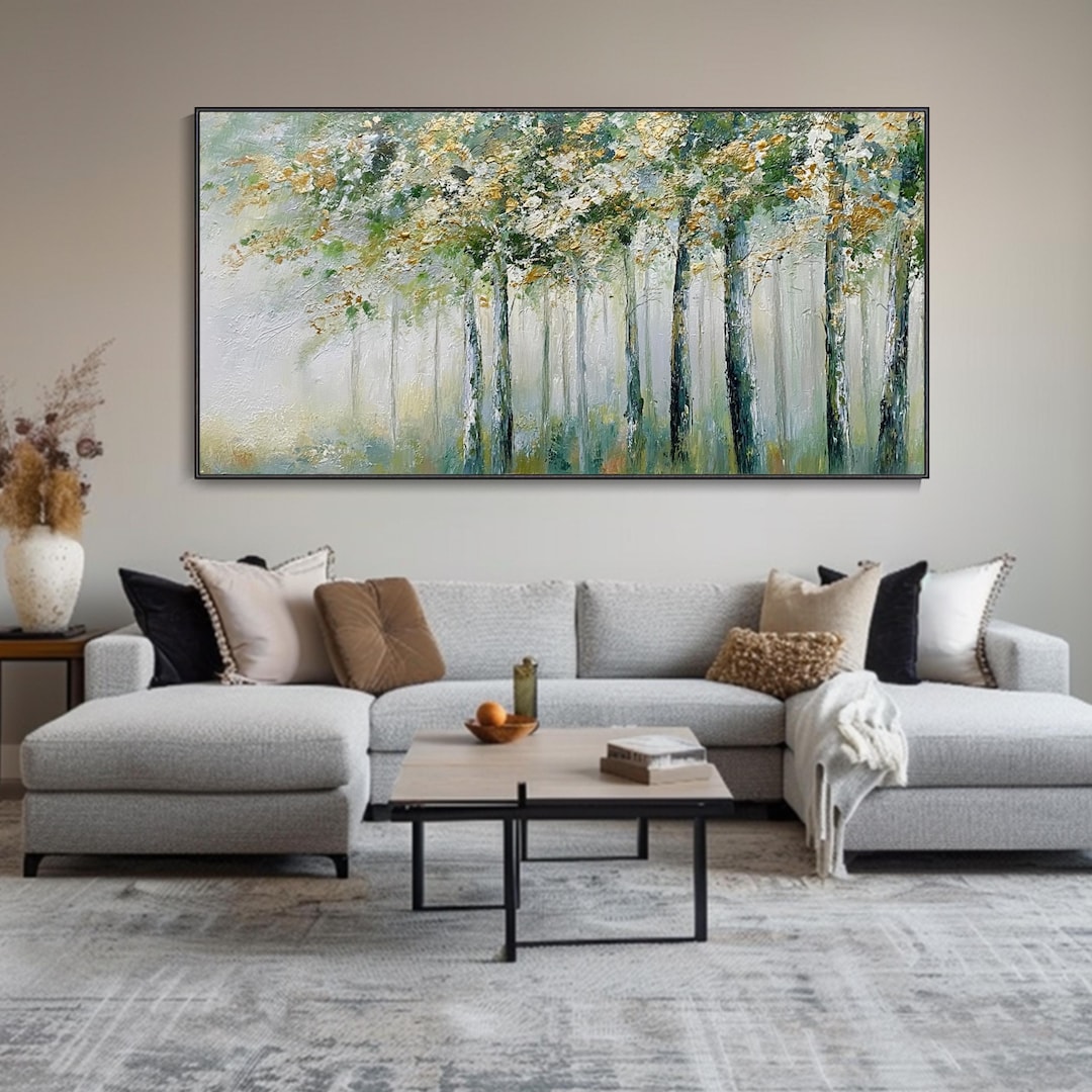 Sage Green Gold Forest Painting on Canvas 3D Abstract Textured Wall Art ...
