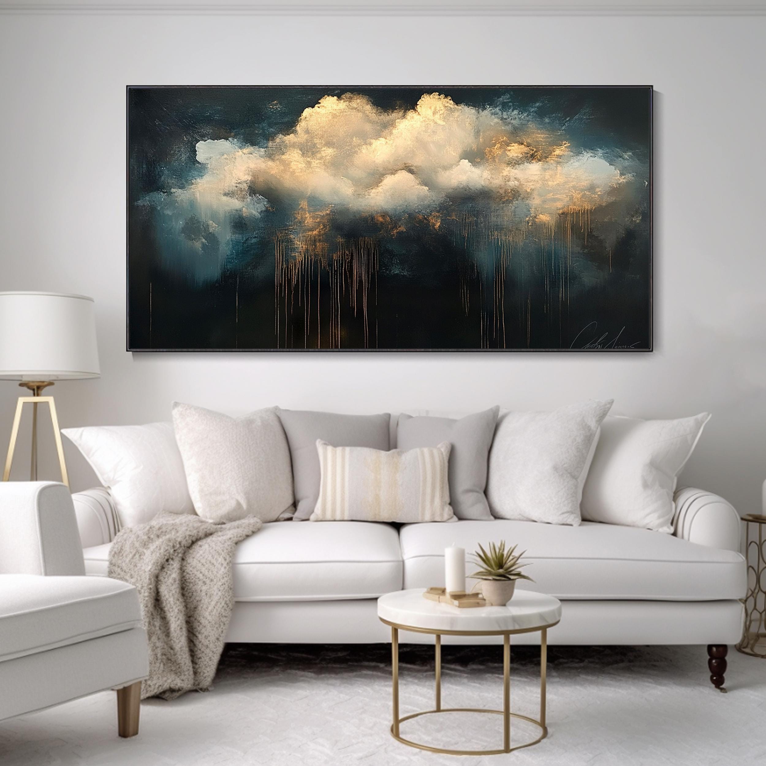 Original Abstract White Cloud Oil Painting Living Room Wall Art Impressionist Thick Texture Golden Weather Artwork Home Decor Hand Nature
