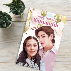 May include: A birthday card with a pink and white background featuring a couple with gold balloons and confetti. The card says "Happy Birthday Samantha".