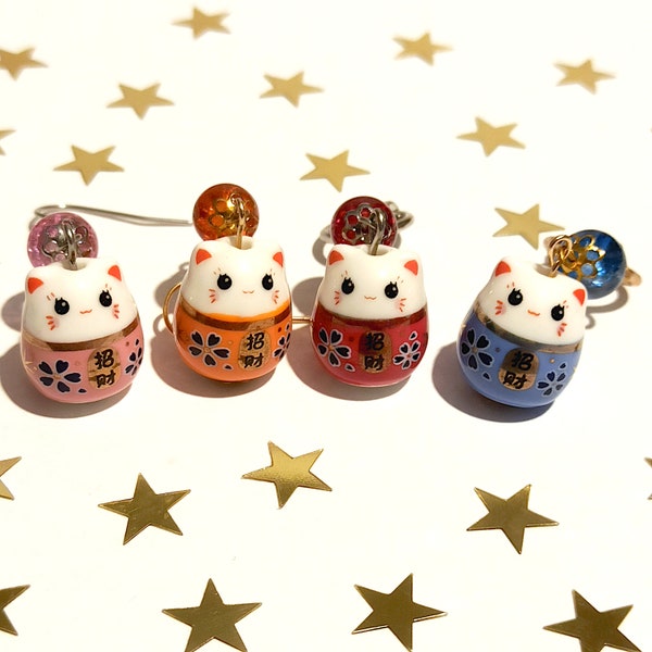 Boucles d’oreilles pendantes en céramique avec perles | Maneki neko | Nezumi | Souris | Japon | Cadeau mignon | Femme et fille