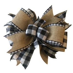 Black and white plaid and Burlap Bow, Lantern bow, Door hanger bow, Wreath Bow, Home decor