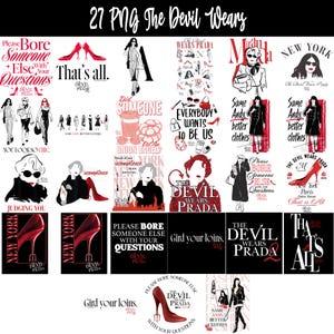 May include: A set of 27 PNG images with fashion-related designs. The images include illustrations of high heels, fashion figures, and text such as "The Devil Wears Prada" and various quotes. The color scheme is mainly black, white, and red.