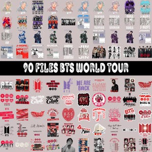 Puede incluir: Una colección de pegatinas, carteles y gráficos con temática de BTS. Los diseños presentan a los miembros de la banda, logotipos y frases como "BTS World Tour". La imagen incluye una variedad de colores y estilos, adecuados para los fans.