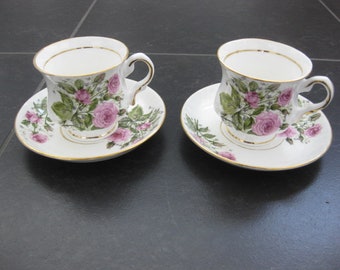 Balmoral Castle Bone China pink roses two cups and saucers, with gold rim