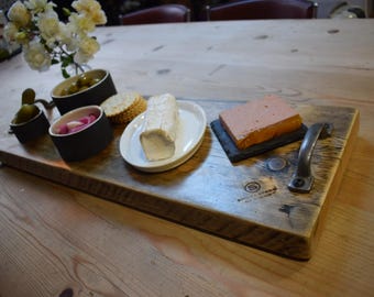 Serving Platter, Charcuterie Board, Cheese Board, Reclaimed Wood and Cast Iron Handles