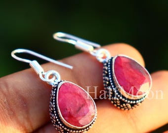 Vintage Ruby Vintage Earrings | Antique Style Ruby Silver Earrings | Classic Antique Look Ruby Earrings | Handmade Vintage Jewelry Gift