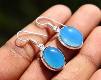 Natuurlijke aqua calciet minimalistische oorbel | Calciet hang- en druppeloorbel | Boho-oorbel calciet | Fijne sterlingzilveren calcietoorbel.