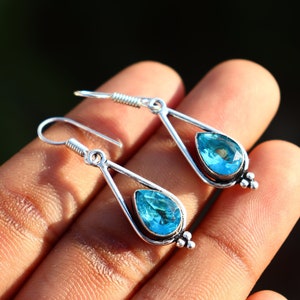 London Blue Topaz Huggie earrings | Blue Topaz dangling earring | Blue Topaz minimalist earring | Daily wear earring | Gift for mother
