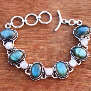 Blue Fire Labradorite & Moonstone sterling silver bracelet | Labradorite cluster bracelet | Women&#39;s bracelet |Moonstone adjustable bracelet