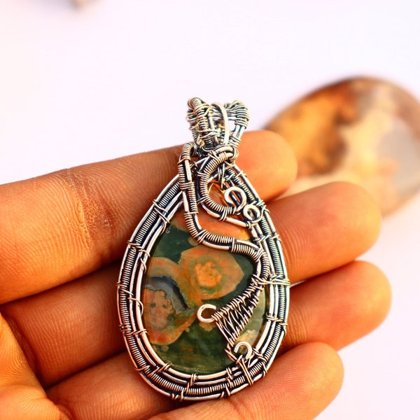 Natural Unakite gemstone wire wrapped pendant | Unakite copper wire silver plated necklace | Women's necklace | Stunning pendant for love
