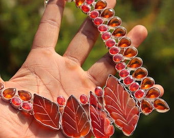 Stunning Citrine & Carnelian Leaf Statement Necklace | 925Silver Handmade Gemstone Jewelry | Bold Orange Red Necklace | Gift for Her
