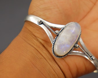 Regenbogen Mondstein Sterling Silber Armreif | Handgefertigte Armspange
