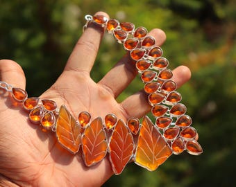 Natural Citrine & Carnelian Leaf Necklace | 925 Silver Handmade Gemstone Jewelry | Golden Yellow Statement Necklace | Gift for Her