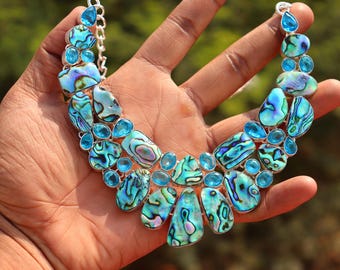 Natural Abalone shell and topaz gemstone necklace, Handmade necklace, Natural shell jewelry, Charming necklace, Sterling silver necklace.