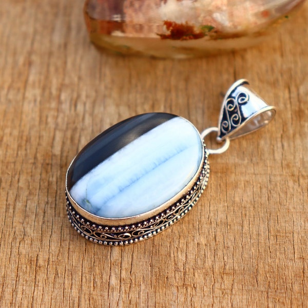Natural Blue lace Agate Pendant | Vintage style silver pendant | Silver Boho pendant |Gift her |Statement silver pendant |Gift for her