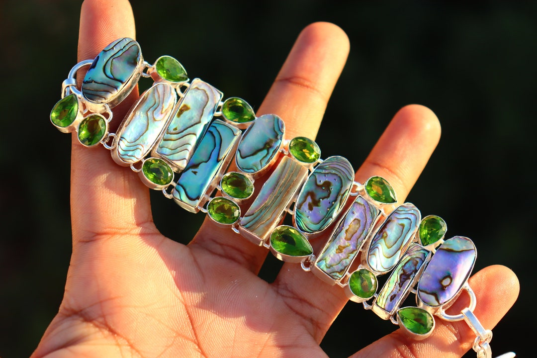 Avalon Shell Peridot Sterling Silver Bracelet, Boho Cuff - Etsy