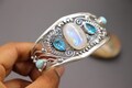 Handmade Sterling Silver Moonstone, Larimar & Topaz Bangle Cuff